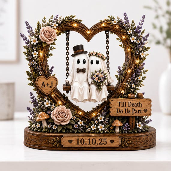 Personalized Ghost Couple Wooden Block Decor, Halloween Wedding Gift, Custom Bride Groom Shelf Sitter, Gothic Anniversary Keepsake