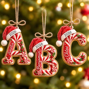 Personalized Peppermint Christmas Ornament, Custom Name Initial Monogram Ornament, Candy Cane Letter Xmas Decor,Kids Christmas Tree Ornament