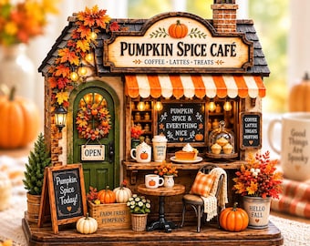 Personalized Autumn Coffee Shop Wooden Block, Custom Fall Café Shelf Decor, Rustic Harvest Village House, Cozy Thanksgiving Gift