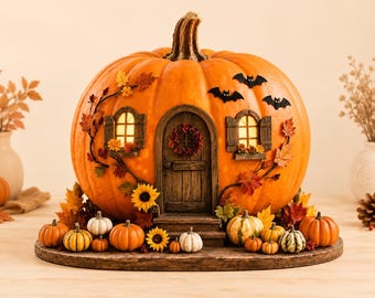 Puede incluir: Una gran calabaza decorativa en forma de casa con una puerta de madera central, una corona, dos ventanas iluminadas y siluetas de murciélagos negros. Decorada con hojas de otoño y girasoles, rodeada de calabazas pequeñas sobre una base.