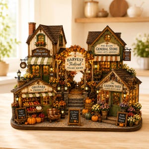 May include: A miniature village display featuring a coffee shop, general store, orchard produce stand, and garden shed. The scene is decorated with autumn foliage, pumpkins, and flowers. Signs read Maplewood Coffee Shop, Pine Hollow General Store, Orchard Produce, The Garden Shed, Harvest Festival Village Square, Apples Cider Hayrides, and Fresh Flowers Plants.