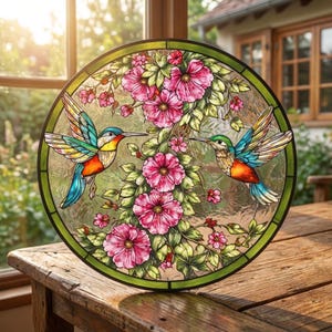 Puede incluir: Una vidriera redonda con dos colibr&iacute;es y flores rosas. Las aves tienen alas y picos coloridos, con las flores y hojas en el fondo. La ventana tiene un borde verde y est&aacute; sobre una mesa de madera.