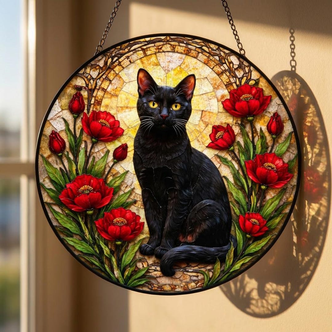 Black Cat Stained Glass Window Hanging, Red Tulip Flower Suncatcher ...