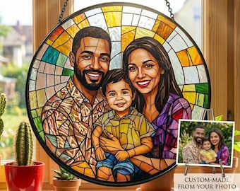 Custom Family Portrait From Photo Glass Suncatcher, Personalized Stained Glass Window Hanging, Family Portrait Gift, Unique Picture Keepsake