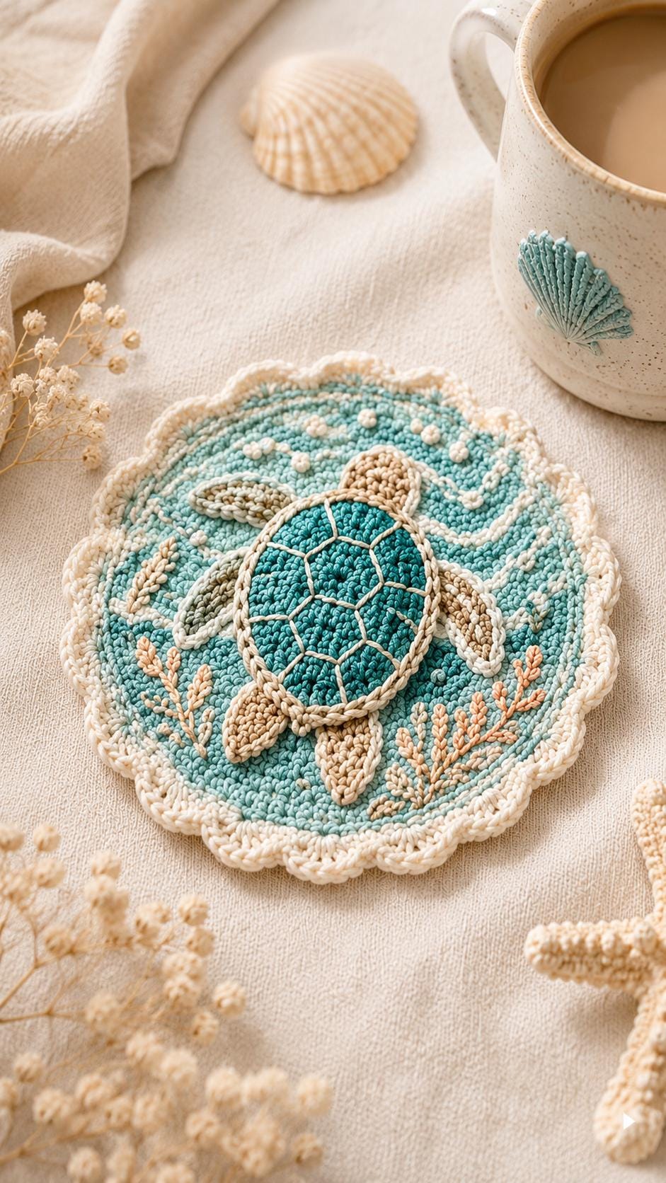 12 Ocean Waves Crochet Patterns: Bring Coastal Texture to Blankets, Bags, and Gifts 9 Sea Turtle Crochet Coaster