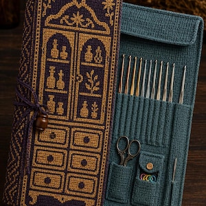May include: A dark purple and gold crocheted case featuring a cabinet design with bottles and drawers, secured by a cord and bead. The interior is teal, containing metal crochet hooks, small scissors, a needle, and colorful stitch markers.
