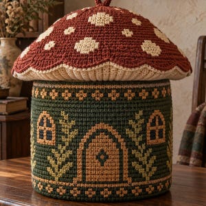 May include: A cylindrical crochet storage basket with a dark green base featuring a tan arched door and window motifs. The lid is shaped like a large mushroom cap in deep red with cream-coloured spots and a small loop handle at the very top centre.