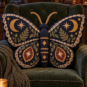 Puede incluir: Un cojín de ganchillo grande con forma de mariposa en azul oscuro que presenta un intrincado bordado de lunas crecientes doradas, estrellas blancas y hojas de helecho verdes. El cuerpo central es azul oscuro con rayas amarillas.