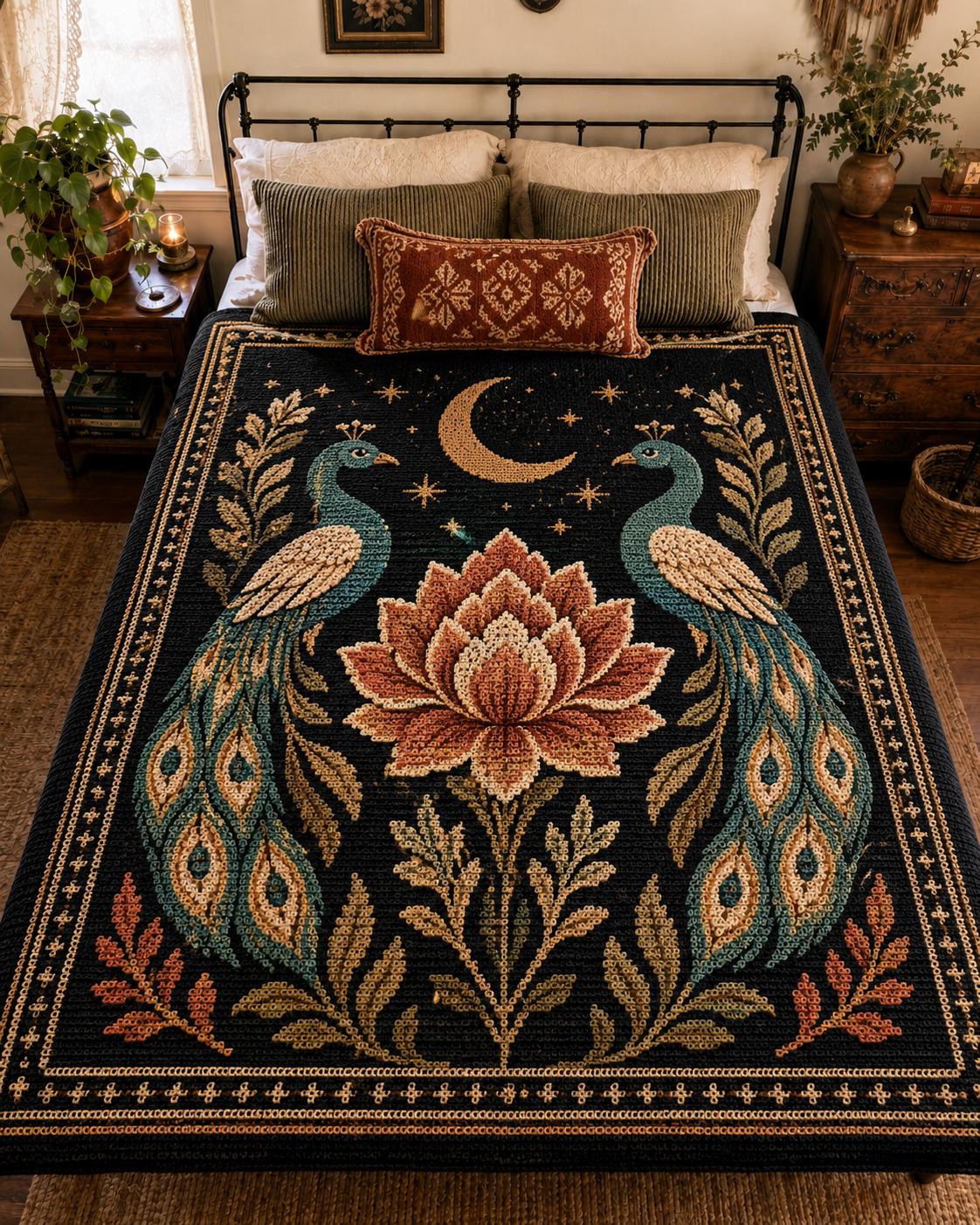 Peacock Lotus Mosaic Crochet Coverlet Pattern (Digital )