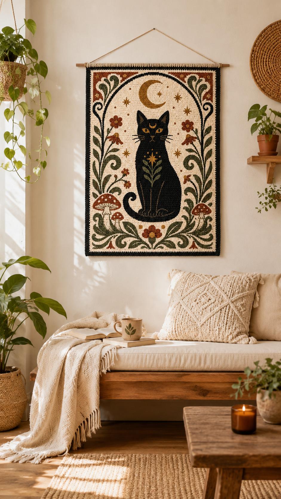 38 Black Cat Crochet Patterns for Amigurumi, Bags, Keychains, and Cozy Handmade Gifts 37 Celestial Black Cat Mosaic Crochet Wall Hanging