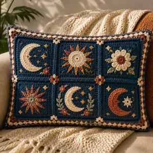 Patroon gehaakt celestial kussen, Sun Moon-patchworkkussen, boho-appliqué (pdf-patroon)