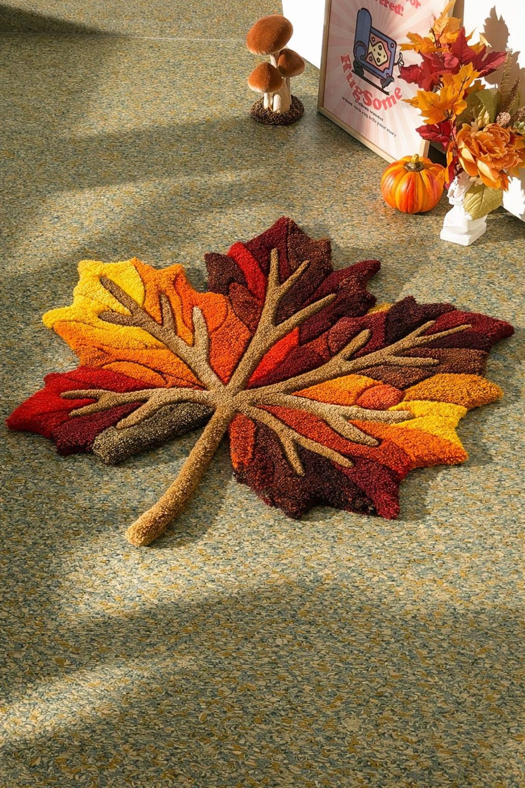 Autumn Maple Leaf Tufted Rug, Punch Needle Fall Carpet, Abstract ...