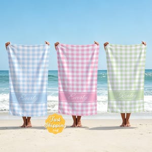 Personalized Gingham Beach Towel with Custom Name,Checkered Pool Towel,Summer Vacation Essential,Coastal Travel Gift,Women & Beach Lovers