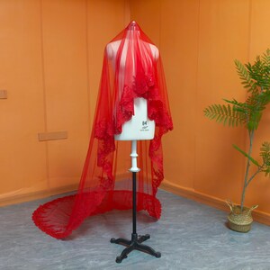 Vintage Red Mantilla Lace Veil, Shiny Sequin Bridal Face Cover Veil，Cathedral Wedding 1 Tier  Handmade Veil