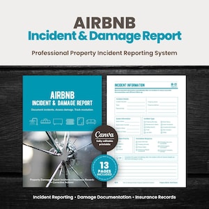 Puede incluir: Una plantilla de documento Airbnb Incident & Damage Report con una portada turquesa con un gráfico de cristal roto y una página interior blanca con campos para detalles del incidente, información del huésped y tipo de incidente, 13 páginas.