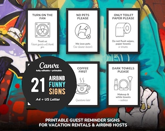 Funny Airbnb Guest Signs Bundle, Printable Vacation Rental Reminders (A4, US Letter)