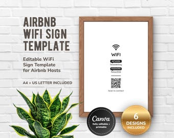 Airbnb Wifi Sign Template, Editable WiFi Password Sign with QR Code for Vacation Rental Hosts, Printable Sign