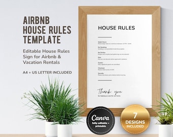 Airbnb House Rules Template, Editable Guest Rules Sign for Vacation Rental Hosts, Printable A4 US Letter