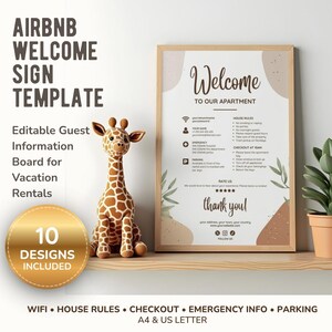May include: A framed welcome sign template for holiday rentals featuring text that includes Welcome to our apartment, house rules, checkout at 10am, and thank you. A plush giraffe toy and a small potted plant sit on the shelf next to the sign.