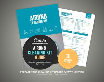 Guida al kit di pulizia per Airbnb, lista di controllo dei prodotti per la pulizia degli alloggi vacanza, stampabile da Canva