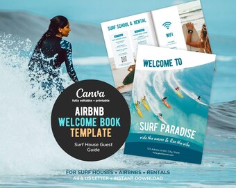 Airbnb Welcome Book Template, Surf House Guest Guide, Editable Canva Vacation Rental Guidebook
