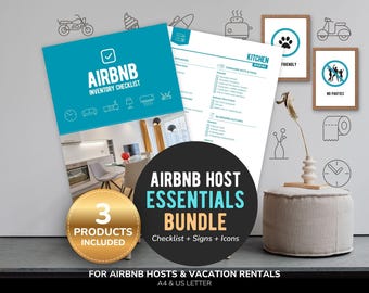 Airbnb Host Essentials Bundle, Inventory Checklist, Minimal Signs and Icons for Vacation Rental Hosts