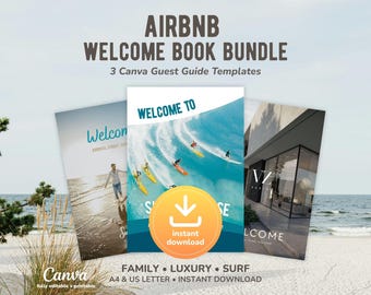 Airbnb Welcome Book Bundle, 3 Canva Editable Guest Guide Templates for Vacation Rental Hosts
