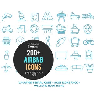 May include: A collection of over 200 Airbnb icons in a teal outline style. The icons depict various vacation rental amenities and services, including appliances, transportation, and recreational activities. A black circle in the center reads "works with Canva 200+ Airbnb Icons".