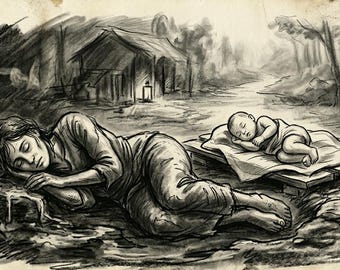 Boceto original a carboncillo: retrato realista de madre e hijo, obra de arte mural llena de emoción.