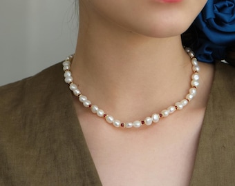 Red Spinel Baroque Pearl Necklace, 18K Gold Plated Choker, Designer Pearl Necklace, Vintage Red Gemstone Choker, Modern Aesthetic Gift