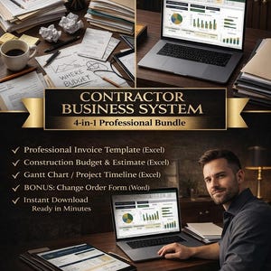 Professional Construction Business Toolkit,4-in-1 Contractor Bundle,Invoice Template,Budget Estimator,Gantt Chart,Change Order Form Excel