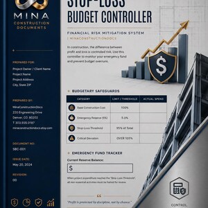 May include: A professional document titled Stop-Loss Budget Controller for construction projects. It features a dark blue sidebar with the Mina logo, a financial risk mitigation table, a bar chart with a dollar shield, and project details.