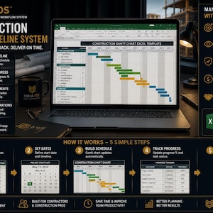 Op de afbeelding: Een laptop toont een tijdlijn systeem voor bouwprojecten met een Gantt-diagram. De afbeelding bevat tekst over projectmanagement, het volgen van taken en het op schema blijven. Een koffiemok en notitieboek zijn ook zichtbaar.