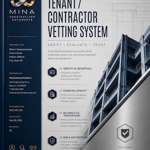 May include: A professional document titled Tenant/Contractor Vetting System by Mina Construction Documents. The layout features a dark blue sidebar with contact details, a white central section with four evaluation steps, and a building graphic.