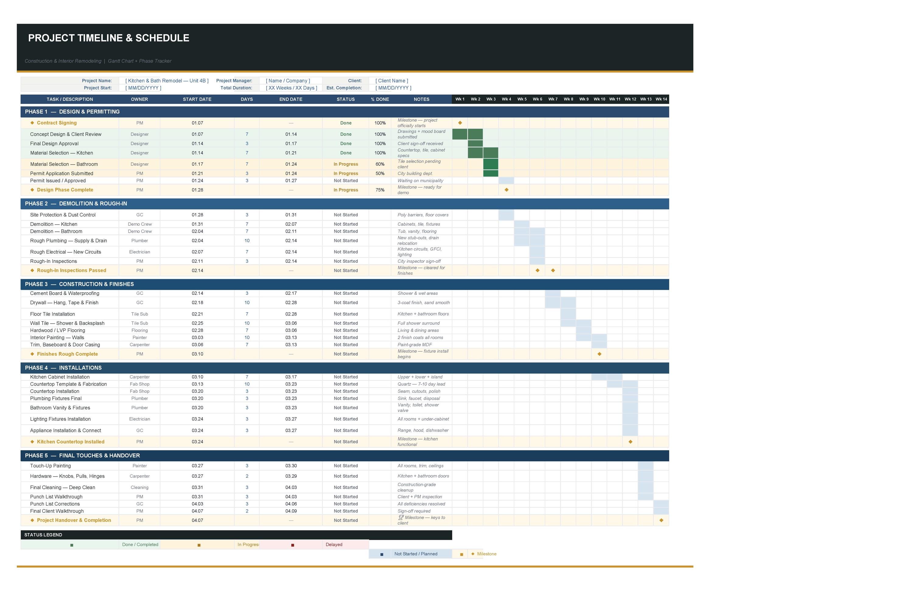 Construction Project Schedule & Maintenance Tracker, Excel Gantt Chart ...