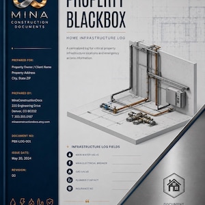 May include: A Property Blackbox home infrastructure log document by Mina Construction Documents. The page features a technical diagram of pipes and electrical components, with fields for water, electrical, gas, plumber, and insurance information.