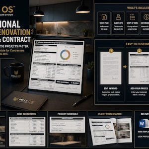 Pode incluir: Um modelo profissional de proposta e contrato para renovação de cozinhas da MINA OS. O documento inclui seções para visão geral do projeto, detalhamento de custos de materiais e mão de obra, e cronogramas. Inclui capa, dados do cliente e assinatura.