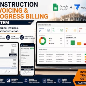 Construction Invoice & Progress Billing Template, AppSheet Mobile App, Contractor Billing, Google Sheets