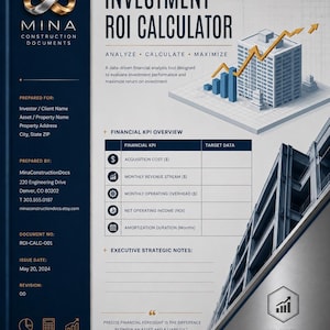 May include: A professional Investment ROI Calculator document by Mina Construction Documents. The layout features a dark blue sidebar with contact details, a central table for financial KPIs, and a graphic of a building with an upward trend arrow.