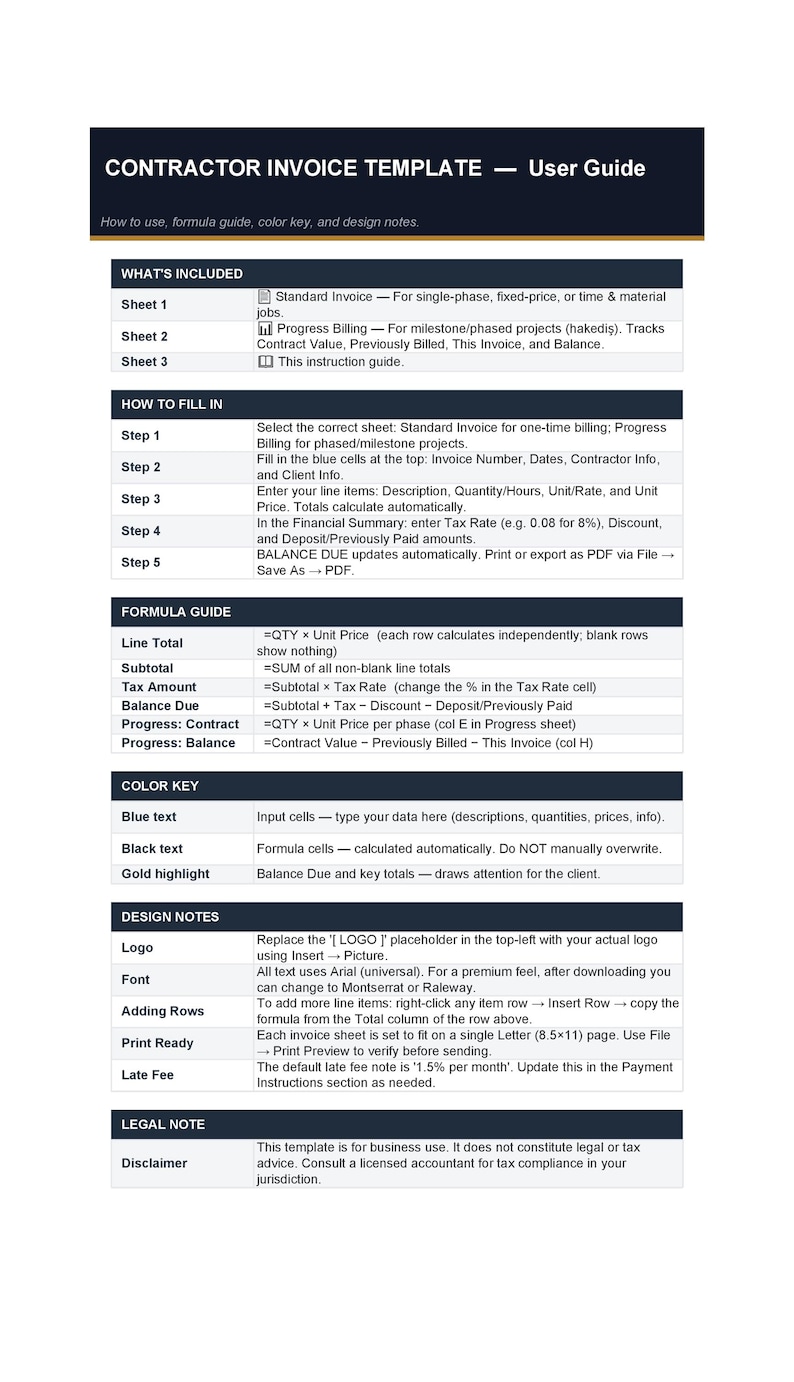 Construction Invoice Template, Progress Billing Excel, Contractor ...