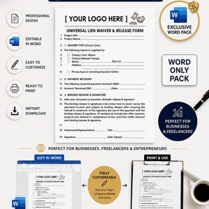 Puede incluir: Una plantilla digital para un Formulario Universal de Renuncia y Liberación de Gravamen, diseñada para empresas y autónomos. El documento es editable en Word, listo para imprimir y de descarga instantánea. Incluye un área de logotipo.