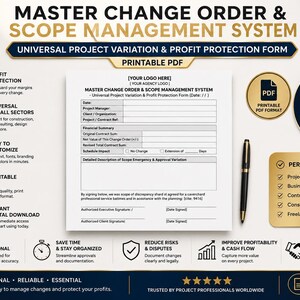 Może przedstawiać: Drukowalny dokument PDF zatytułowany "Master Change Order & Scope Management System". Dokument przeznaczony jest do wariacji projektu i ochrony zysku. Zawiera ikony ochrony zysku, dostosowywania i natychmiastowego pobierania. Po prawej stronie znajduje się czarny długopis.