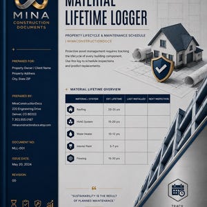 May include: A Mina Construction Documents Material Lifetime Logger property maintenance schedule template. The document features a dark blue sidebar, a white main section with a table for tracking building components, and a house graphic.