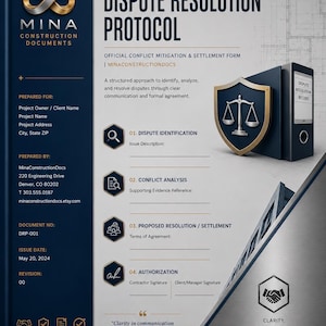 Puede incluir: Un documento de protocolo de resolución de disputas de Mina Construction Documents en azul oscuro y blanco. Incluye un logotipo de infinito dorado, un escudo con una balanza de justicia y secciones para identificación, análisis y acuerdo.