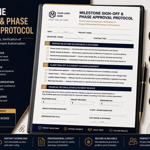 Puede incluir: Documento en blanco y negro titulado "Protocolo de aprobación de fase y firma de hitos" con un bolígrafo dorado, una taza de café y clips. El documento incluye secciones para verificación, firma del cliente y autorización de pago.