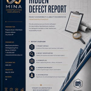 Hidden Defect Report, Latent Defect Notification Form, Construction Liability Log