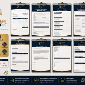 Op de afbeelding: Een 8-in-1 mega-bundel met sjablonen voor bedrijfs- en projectmanagement, inclusief ontvangstbewijzen en checklists. De sjablonen zijn volledig aanpasbaar en printklaar. Ontworpen voor high-performance business en projectuitvoering.