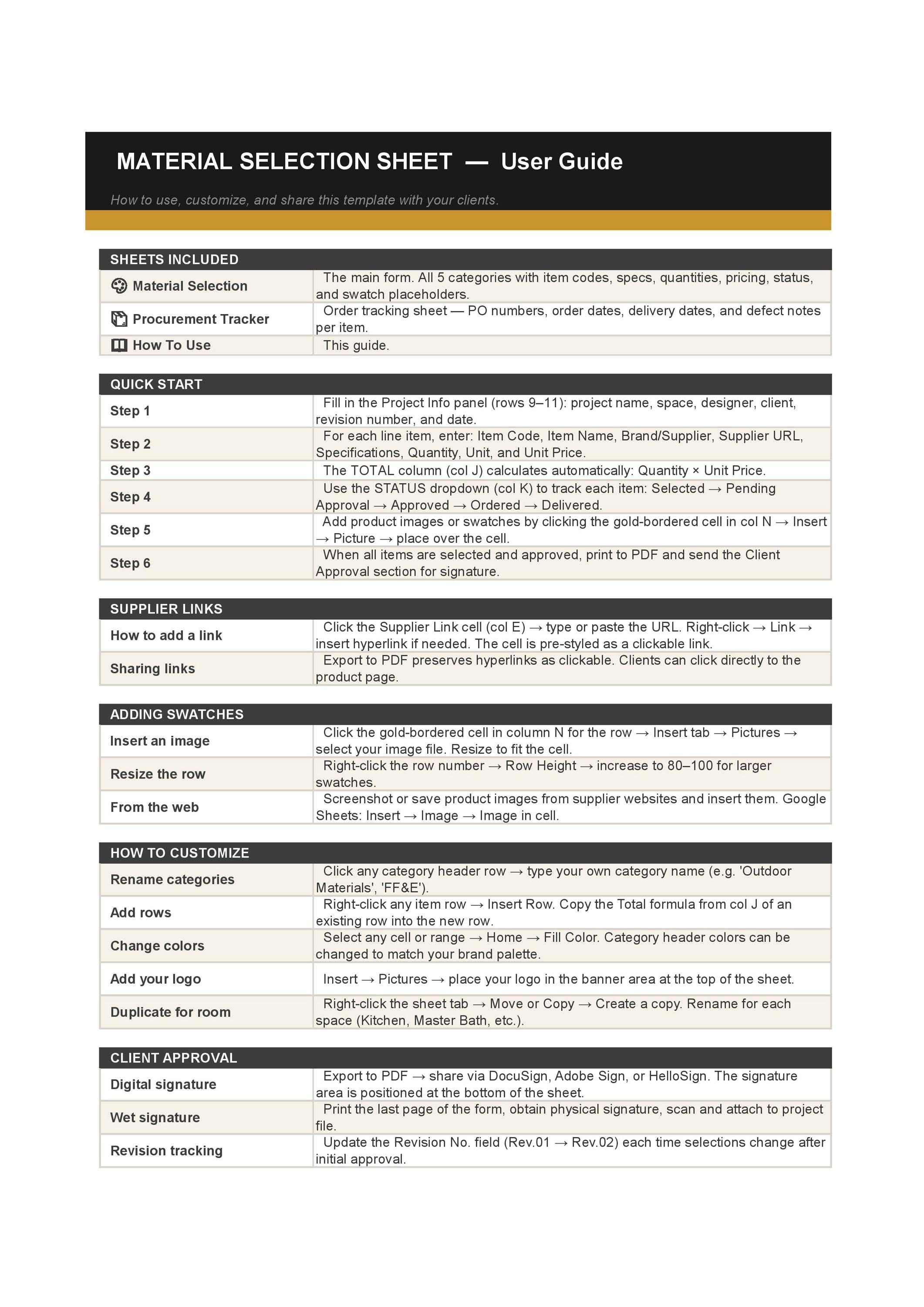 Material Selection Interior Design Workflow System FF&E Excel Download ...