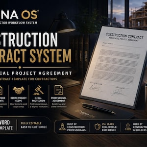 Könnte beinhalten: Ein Mina OS Auftragnehmer-Workflow-System mit einer Bauvertragsvorlage für Wohnbauprojekte. Das Dokument enthält Abschnitte für Projektadresse, Datum und Unterschriften, ergänzt durch eine schwarze Tasse und einen Schutzhelm.