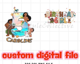 Descarga digital personalizada con temática de Moana para niña de cumpleaños, Moana Maui Hei Hei Pua, PNG de princesa para cumpleaños, regalo de cumpleaños personalizado para viaje a Disneyland